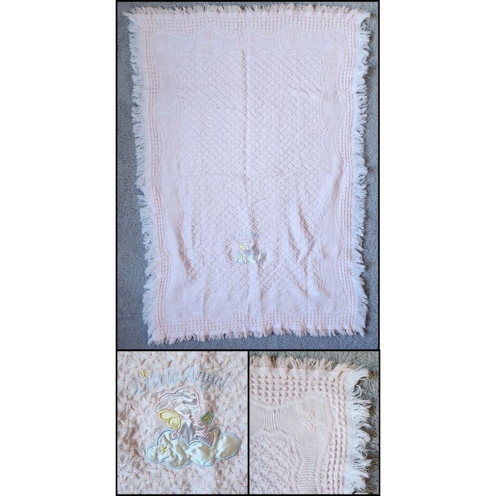 Bright Future Little Angel Pink‎ Baby Blanket Bunny Acrylic Knit Fringe 46 x 32